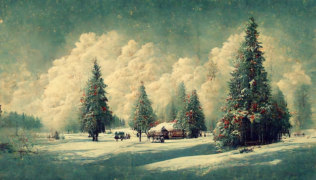 Dramatisch winterlandschap met sneeuw en sparren als vintage kerstbehang Generative Ai