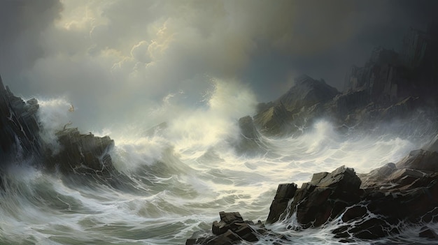 Dramatisch zicht turbulente golven imposante kliffen die neerstorten meedogenloze kracht grandeur stormachtige zee Gegenereerd door AI