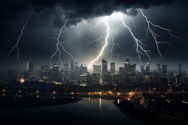 Dramatische bliksemstorm over een stadsbeeld