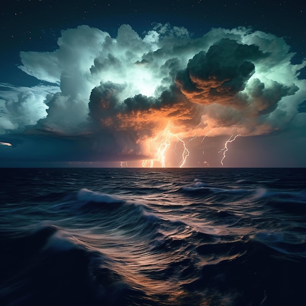 Foto dramatische bliksemstorm over een turbulente oceaan.