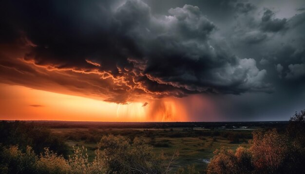 Dramatische lucht boven landelijk landschap bij zonsondergang gegenereerd door AI