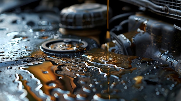 Foto dramatische olielek onder de motorkap van een auto-motor die wijst op mechanische problemen
