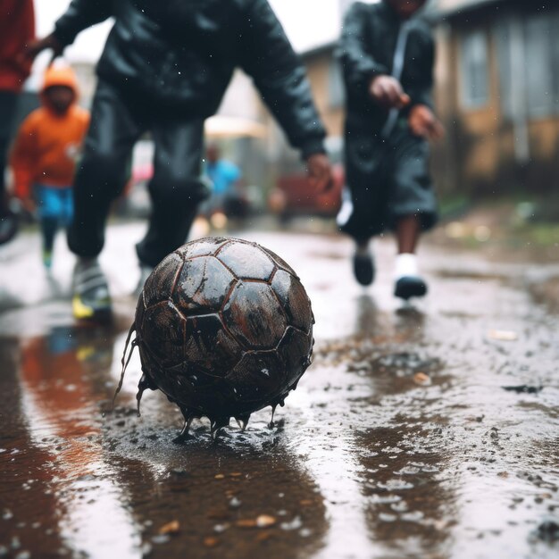 dramatische opname van een voetbal op een regenachtige dag