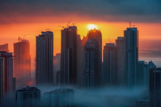 Dramatische reflecties van de zonsondergang op de skyline van de stad