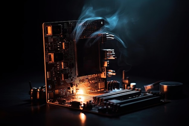 Dramatische scène van computercomponenten die intense overclocking en oververhitting ondergaan