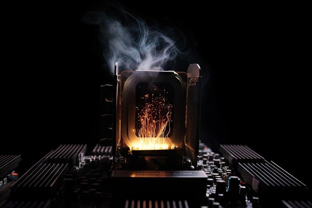 Dramatische scène van computercomponenten die intense overclocking en oververhitting ondergaan