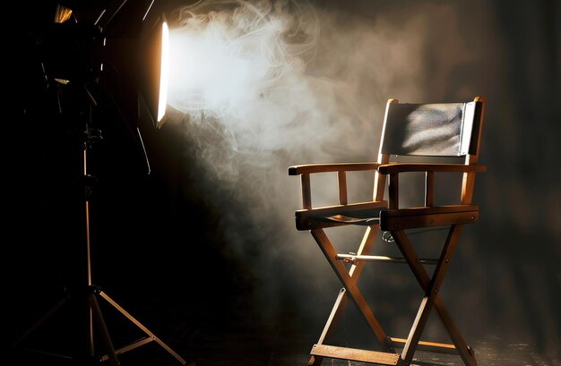 Dramatische schijnwerpers op een stoel op een donker podium die verwachting en mysterie oproepen