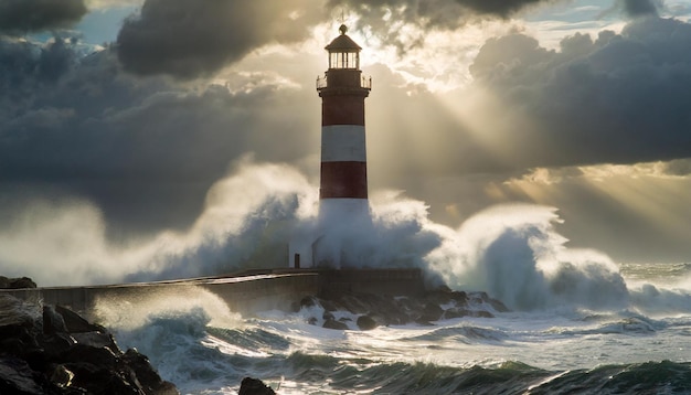 Dramatische stormgolven botsen tegen een vuurtoren gehuld in wolken onder een achtergrondlichthemel