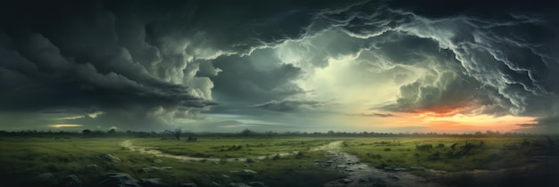 Dramatische stormwolken verzamelen zich over een uitgestrekt open veld