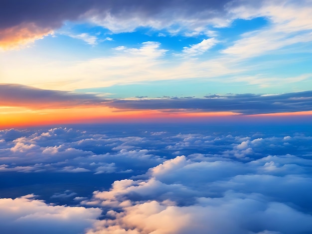 Dramatische witte wolken en blauwe lucht vanuit het vliegtuigraambeeld kleurrijke zonsondergang