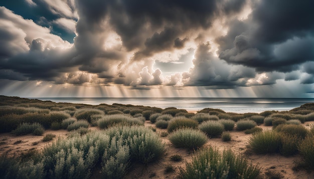 Foto dramatische wolken over een leeg landschap met kustplanten