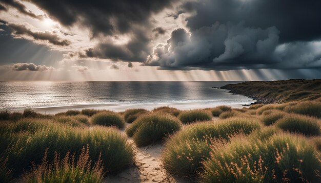 Foto dramatische wolken over een leeg landschap met kustplanten