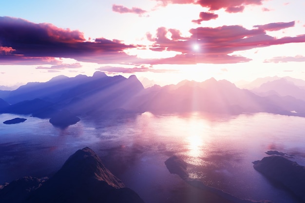 Dramatische zonsondergang bij de weergave van het landschap van de bergvallei