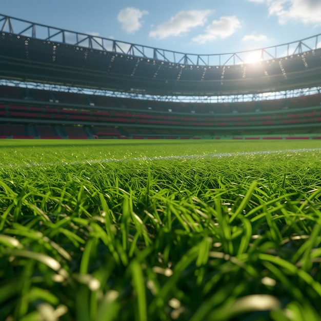 Dramatische zonsondergang over een weelderig voetbalstadion vol toeschouwers