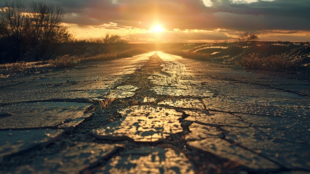 Dramatische zonsopgang over een gebarsten weg symboliseert hoop en reis te midden van obstakels