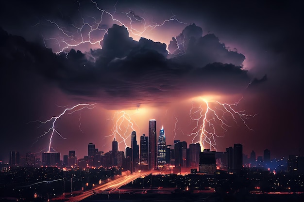 Dramtic thunderstorm over city skyline with lightning and rain created with generative ai