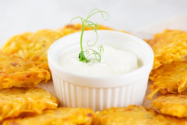 Draniki latkes levivot potato pancakes with sour cream and green closeup Hanukkah food