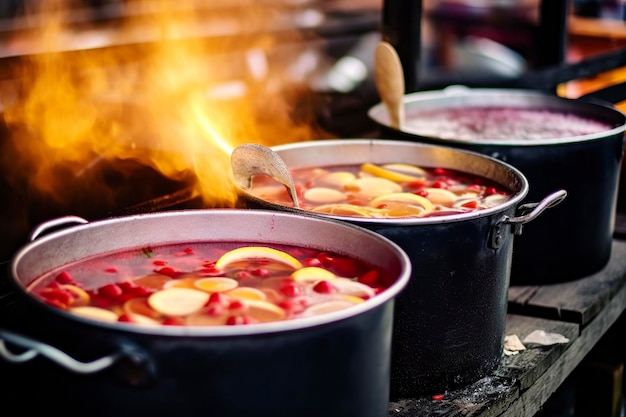 Dranken, fruit en bessen, hete glühwein in potten met stoom op de straatvoedselmarkt Generatieve AI