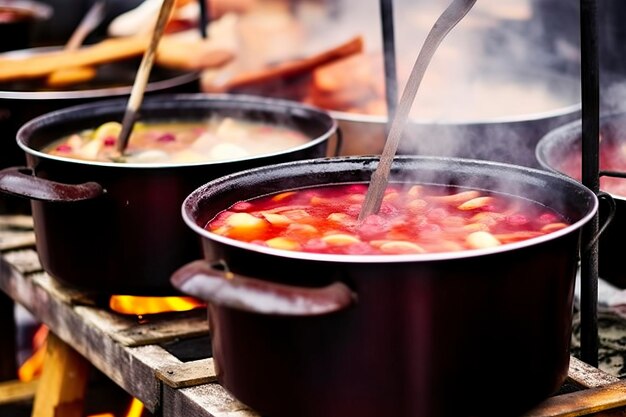 Dranken, fruit en bessen, hete glühwein in potten met stoom op de straatvoedselmarkt Generatieve AI