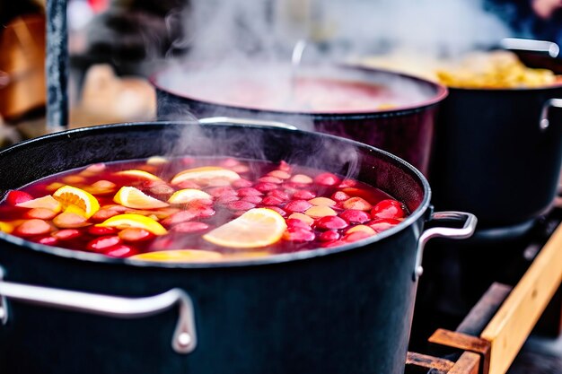Dranken fruit en bessen warme glühwein in potten met stoom in straatvoedselmarkt Generatieve AI