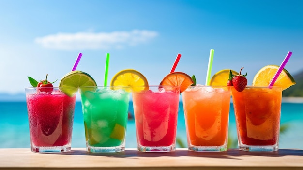 Drankjes in levendige kleuren op een strand met een achtergrond van blauw water en kunstmatige intelligentie in de lucht