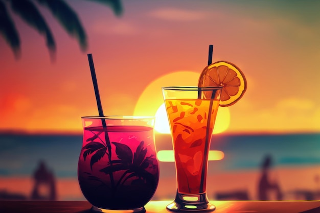 Drankjes met vervagen strand en zonsondergang op de achtergrond