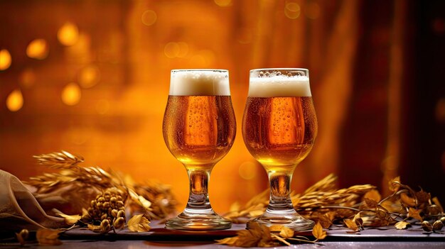 Draught beer craft in glasses on gold background generative ai