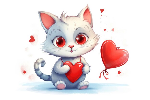 Draw banner cute cat lover with red hearts for valentine day celebration on white