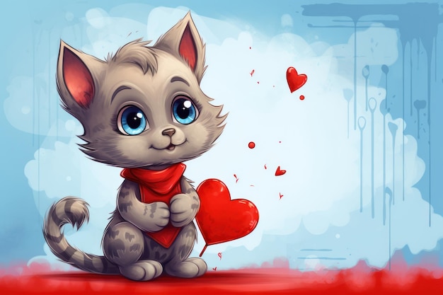 Draw banner funny cute cat with red hearts for valentine day celebration High quality illustration