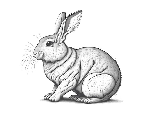 A draw in black and white of a rabbit on a white background