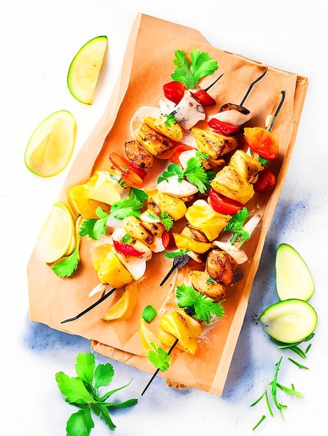 Draw Chicken Kebabs with ingredients around style watercolor image