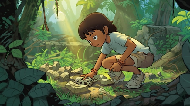 Draw a child explorer examining an ancient overgrown jungle ruin