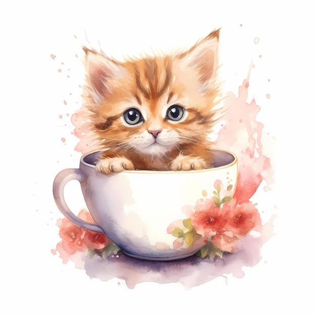 draw cute cat in cup of coffee Generative ai