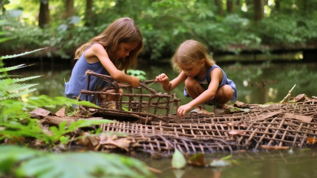 Premium Photo  Draw a group of children making friends with a curious  jungle jaguar