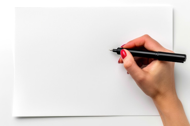 Photo draw hand female hand with black pen ready for business drawing on white paper