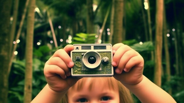 Draw kids using toy cameras to document their jungle adventures