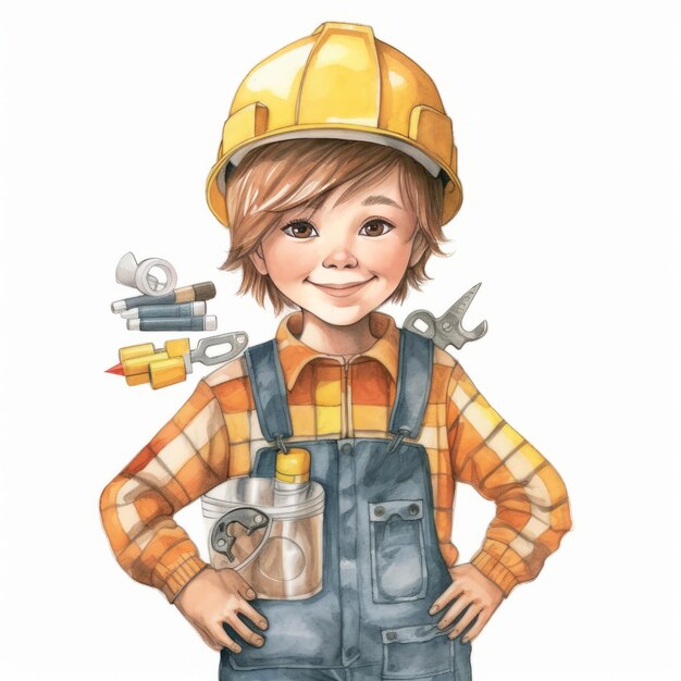 Photo draw a little boy smiling wearing constructor clothes on white background