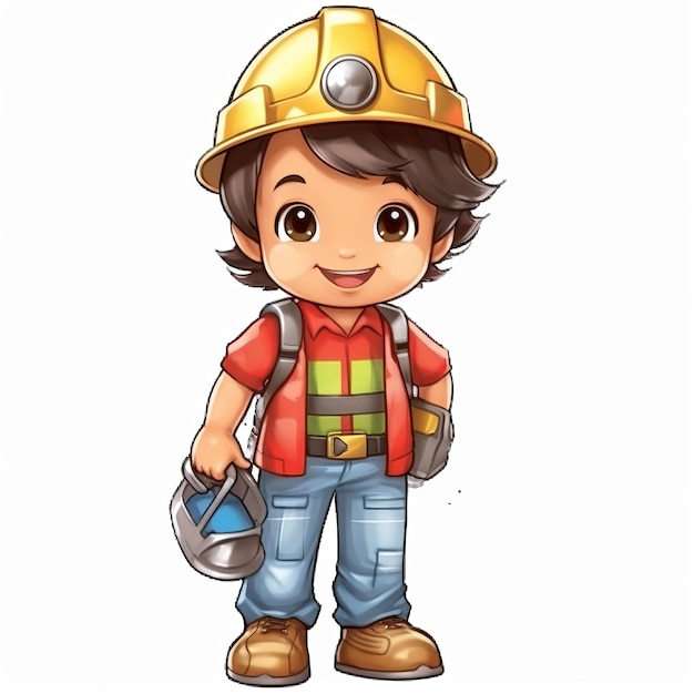 Draw a little boy smiling wearing constructor clothes on white background