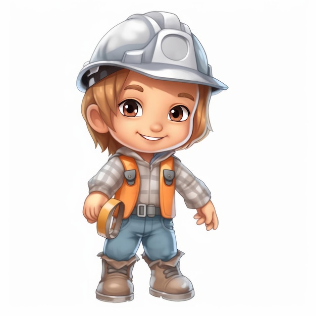 Draw a little boy smiling wearing constructor clothes on white background