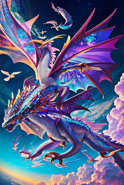 Draw a magnificent dragon soaring through a vibrant swirling sky with its scales shimmering in iri