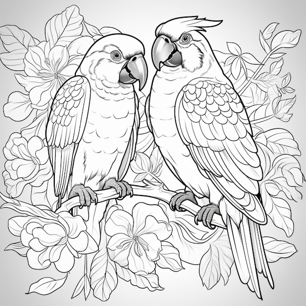 Photo draw parrot macaw black and white coloring page image ai generated art