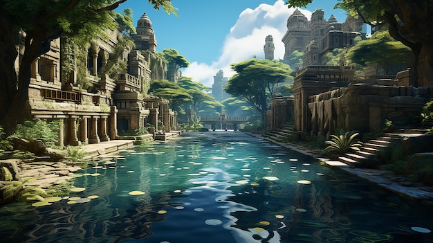 Draw a picture of an ancient city submerged in water Describe the ruins of ancient buildings