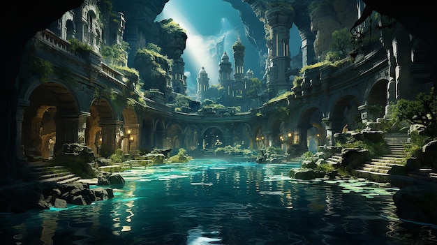 Draw a picture of an ancient city submerged in water Describe the ruins of ancient buildings