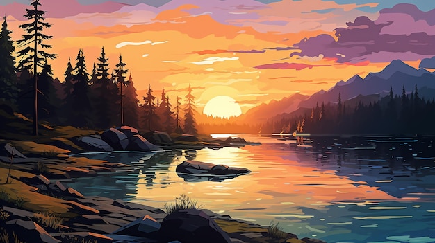 途中、鬱蒼とした森を抜ける丘の上に沈む夕日の景色を描く