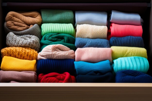 다양한 색의 스웨터와 스카프로 가득 찬 서랍