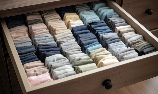 Drawer full of neatly folded socks in perfect order designe