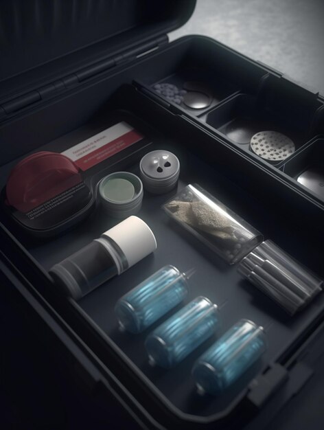 A drawer with a bottle of lip balm and a bottle of lip balm.