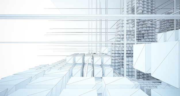 Drawing abstract architectural white interior from an array of cubes with large windows 3D illustra