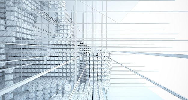 Drawing abstract architectural white interior from an array of cubes with large windows 3D illustra