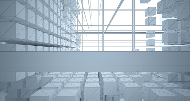 Drawing abstract architectural white interior from an array of cubes with large windows 3D illustra